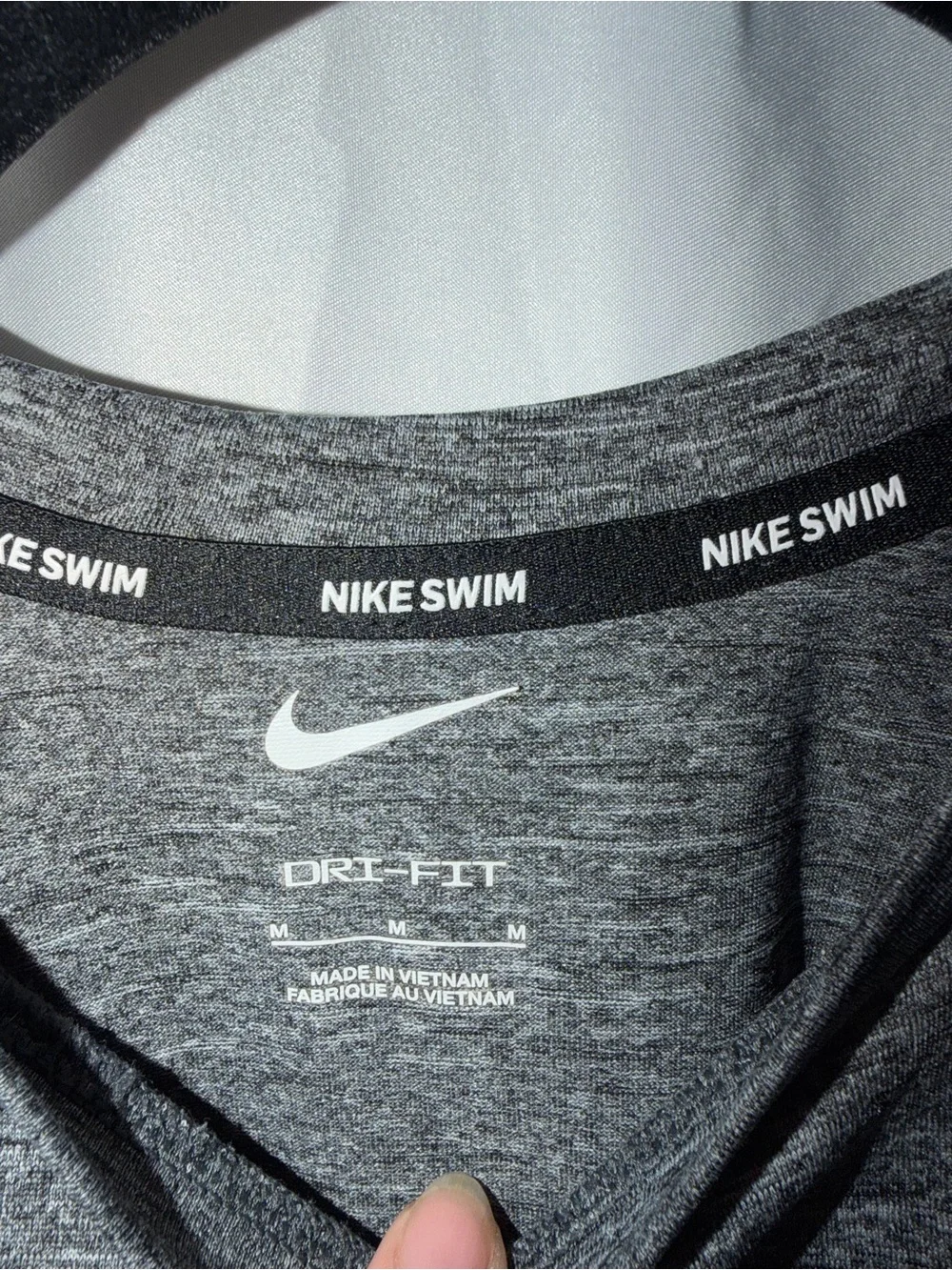 Nike Swim Shirt Heather Charcoal Short Sleeve Dri-FIT Tee White Swoosh Crewneck